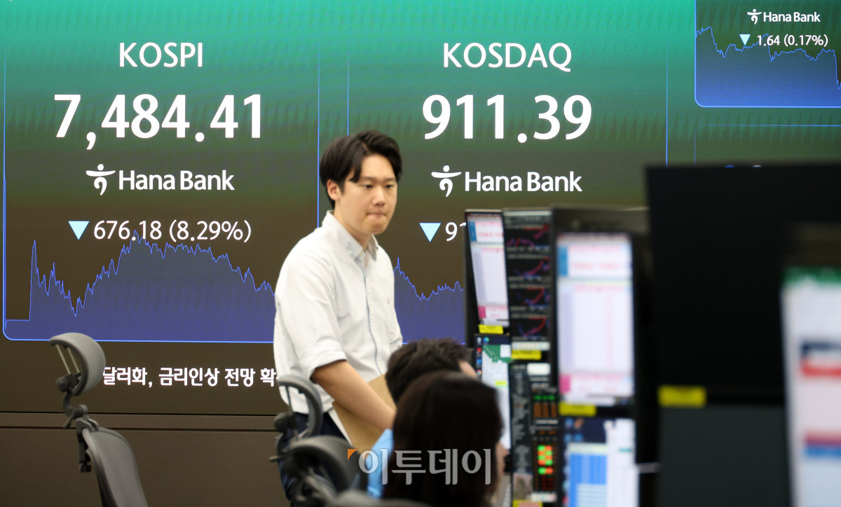 ▲8일 서울 중구 하나은행 딜링룸 전광판에 코스피가 전 거래일보다 676.18포인트(8.29%) 급락한 7484.41을 나타내고 있다. 코스닥 지수는 전 거래일보다 91.05포인트(9.08%) 내린 911.39에 거래를 마감했다. 원·달러 환율은 주간 거래 종가(15시30분) 기준 전일 대비 4.1원 내린 1535.0원을 기록했다. 고이란 기자 photoeran@