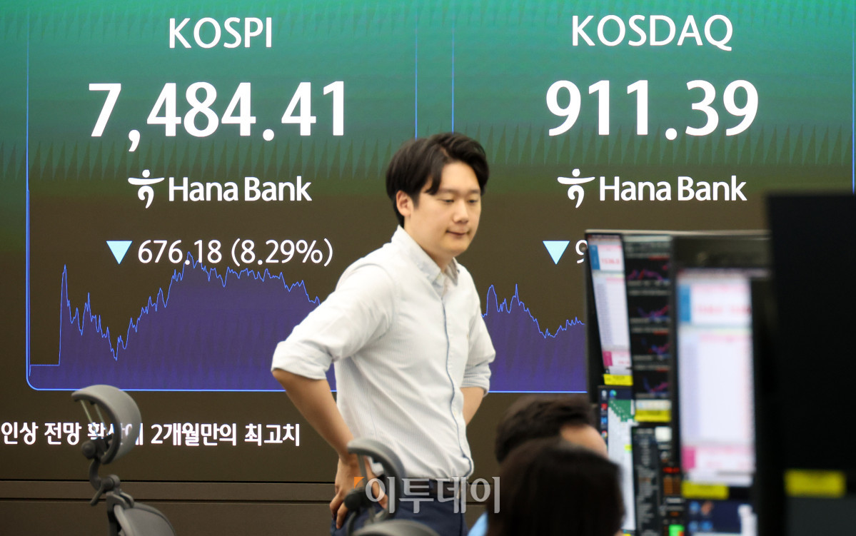 ▲8일 서울 중구 하나은행 딜링룸 전광판에 코스피가 전 거래일보다 676.18포인트(8.29%) 급락한 7484.41을 나타내고 있다. 코스닥 지수는 전 거래일보다 91.05포인트(9.08%) 내린 911.39에 거래를 마감했다. 원·달러 환율은 주간 거래 종가(15시30분) 기준 전일 대비 4.1원 내린 1535.0원을 기록했다. 고이란 기자 photoeran@