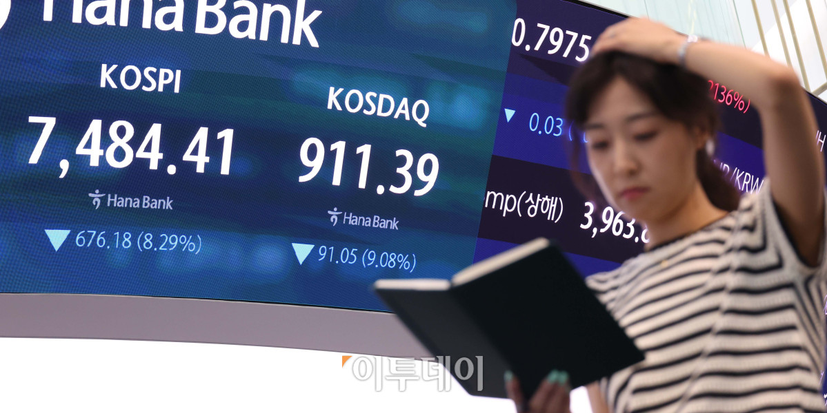 ▲8일 서울 중구 하나은행 딜링룸 전광판에 코스피가 전 거래일보다 676.18포인트(8.29%) 급락한 7484.41을 나타내고 있다. 코스닥 지수는 전 거래일보다 91.05포인트(9.08%) 내린 911.39에 거래를 마감했다. 원·달러 환율은 주간 거래 종가(15시30분) 기준 전일 대비 4.1원 내린 1535.0원을 기록했다. 고이란 기자 photoeran@