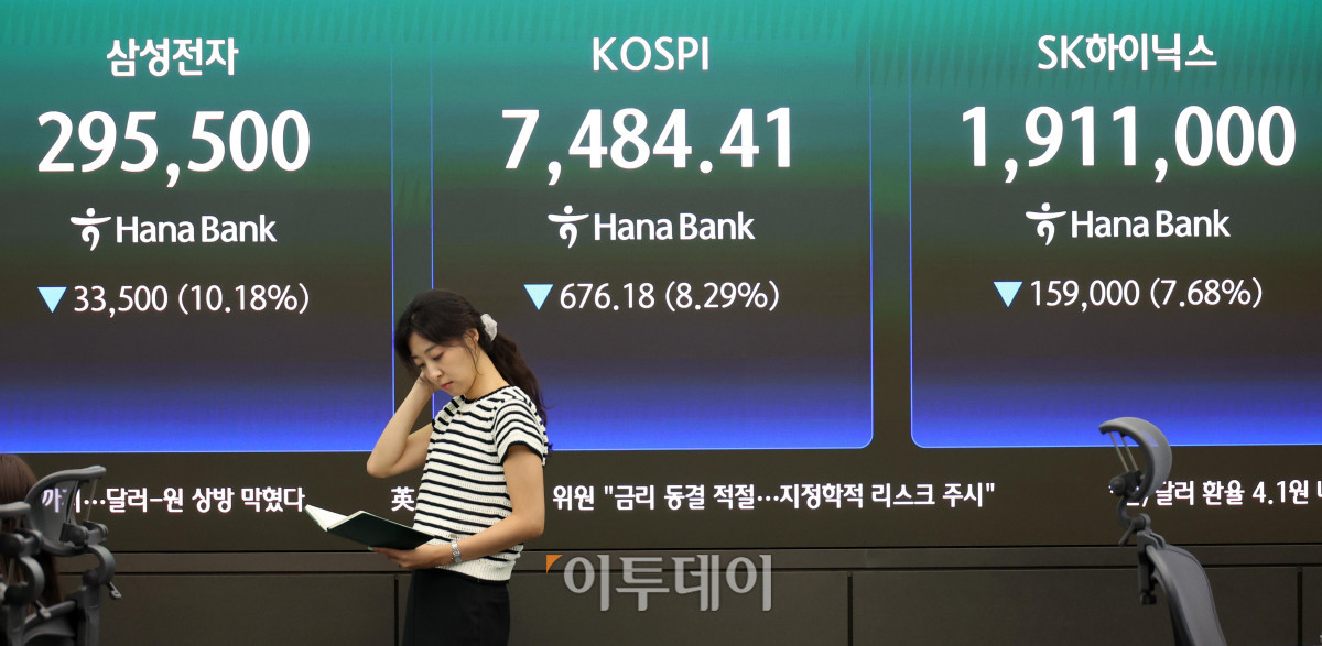 ▲8일 서울 중구 하나은행 딜링룸 전광판에 코스피가 전 거래일보다 676.18포인트(8.29%) 급락한 7484.41을 나타내고 있다. 코스닥 지수는 전 거래일보다 91.05포인트(9.08%) 내린 911.39에 거래를 마감했다. 원·달러 환율은 주간 거래 종가(15시30분) 기준 전일 대비 4.1원 내린 1535.0원을 기록했다. 고이란 기자 photoeran@