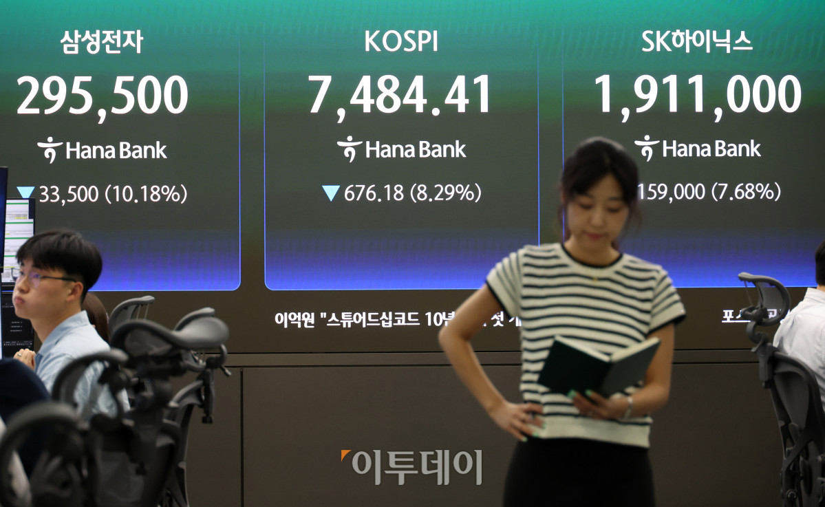 ▲8일 서울 중구 하나은행 딜링룸 전광판에 코스피가 전 거래일보다 676.18포인트(8.29%) 급락한 7484.41을 나타내고 있다. 코스닥 지수는 전 거래일보다 91.05포인트(9.08%) 내린 911.39에 거래를 마감했다. 원·달러 환율은 주간 거래 종가(15시30분) 기준 전일 대비 4.1원 내린 1535.0원을 기록했다. 고이란 기자 photoeran@