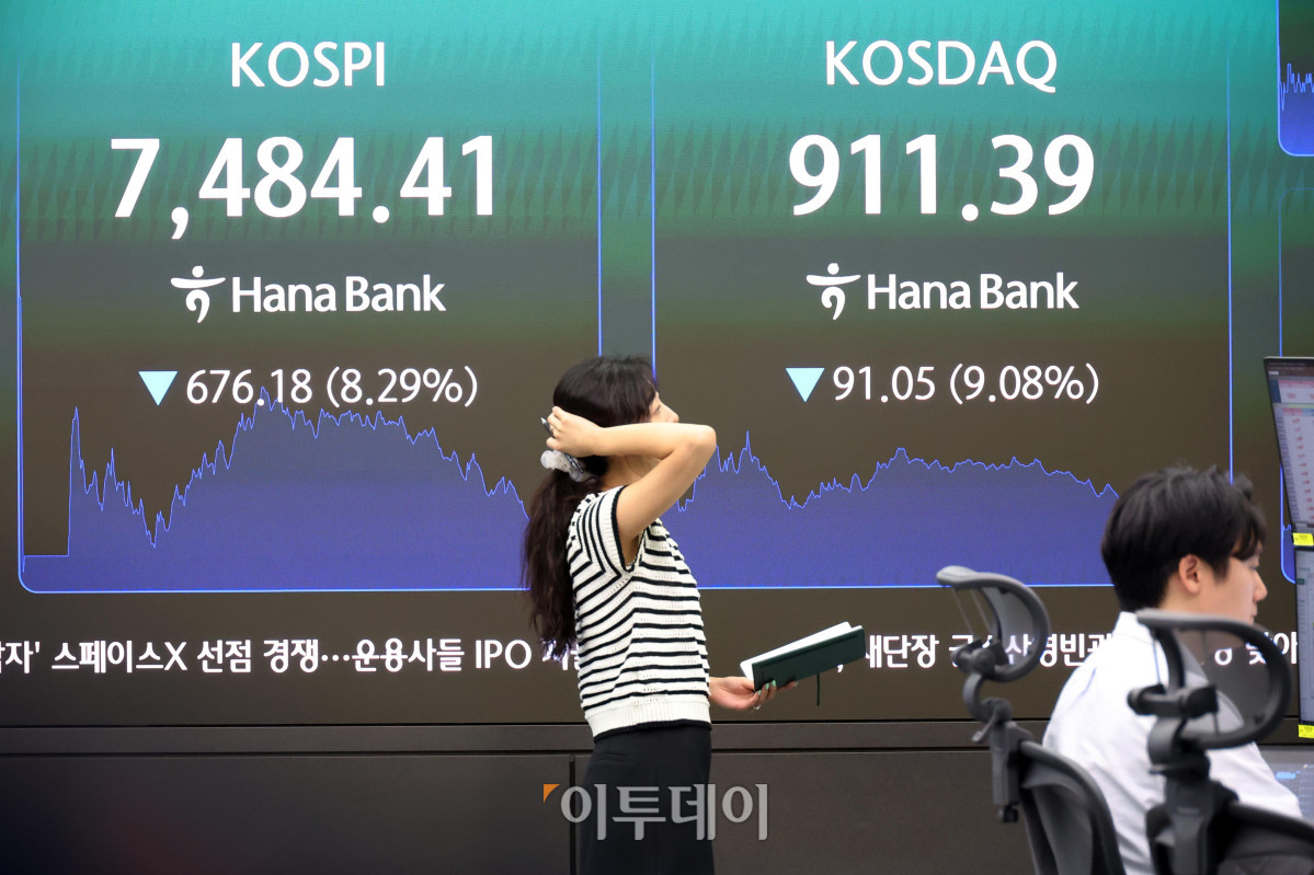 ▲8일 서울 중구 하나은행 딜링룸 전광판에 코스피가 전 거래일보다 676.18포인트(8.29%) 급락한 7484.41을 나타내고 있다. 코스닥 지수는 전 거래일보다 91.05포인트(9.08%) 내린 911.39에 거래를 마감했다. 원·달러 환율은 주간 거래 종가(15시30분) 기준 전일 대비 4.1원 내린 1535.0원을 기록했다. 고이란 기자 photoeran@