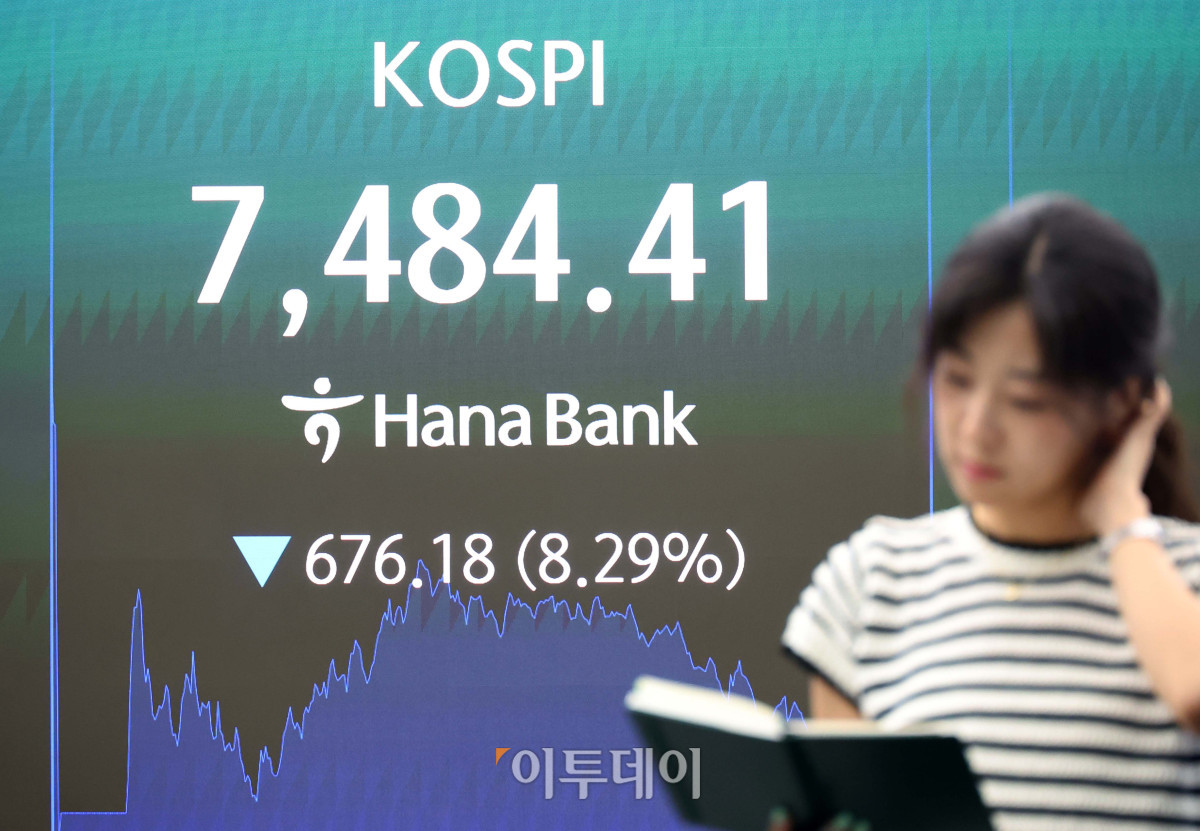 ▲8일 서울 중구 하나은행 딜링룸 전광판에 코스피가 전 거래일보다 676.18포인트(8.29%) 급락한 7484.41을 나타내고 있다. 코스닥 지수는 전 거래일보다 91.05포인트(9.08%) 내린 911.39에 거래를 마감했다. 원·달러 환율은 주간 거래 종가(15시30분) 기준 전일 대비 4.1원 내린 1535.0원을 기록했다. 고이란 기자 photoeran@