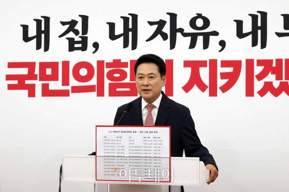 ▲장동혁 국민의힘 대표가 9일 서울 여의도 국회에서 투표용지 부족 사태 관련 기자회견을 하고 있다. 고이란 기자 photoeran@