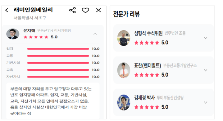 ▲서울 아파트 전문가 평점 예시. (사진제공=부동산114)