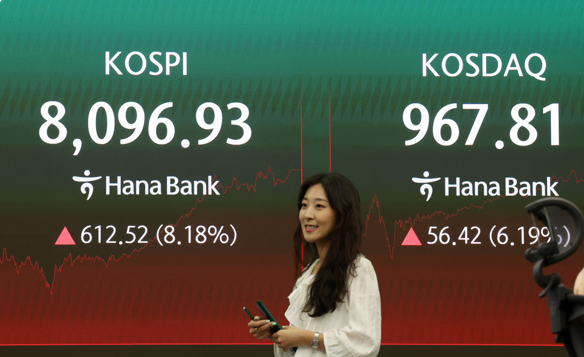 ▲코스피가 전 거래일(7484.41)보다 612.52포인트(8.18%) 오른 8096.93에 장을 마감한 9일 오후 서울 중구 하나은행 딜링룸 전광판에 지수가 표시되고 있다. (뉴시스)