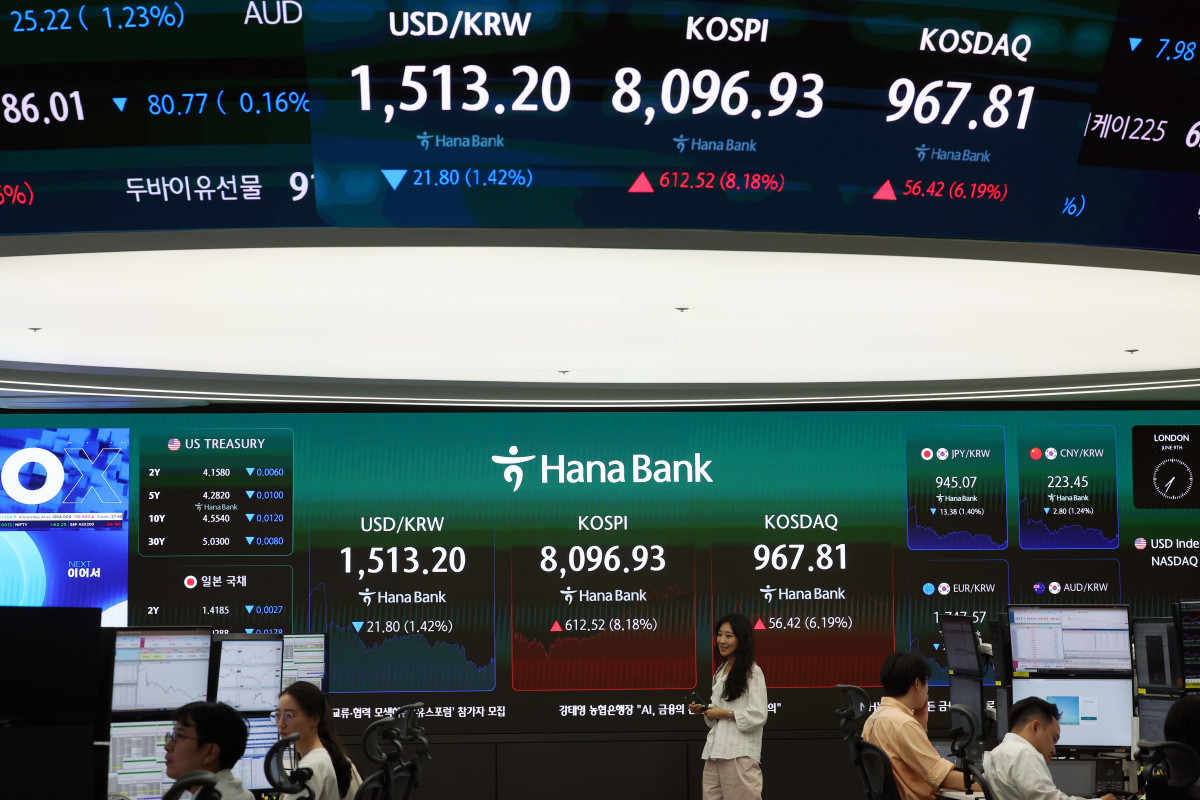 ▲코스피가 8% 넘게 오른 8090대로 마감, 전날의 급락 상당 부분을 만회한 9일 서울 중구 하나은행 본점 모니터에 코스피 등 시황이 표시되고 있다. 이날 코스피는 전장보다 612.52포인트(8.18%) 오른 8096.93으로 마감했다. 이는 역대 최대 코스피 상승폭으로, 2위는 지난달 21일 기록한 606.64포인트다. 코스닥은 전날보다 56.42포인트(6.19%) 오른 967.81로 장을 끝냈다. 서울외환시장에서 원·달러 환율은 전 거래일(1535.0원)보다 22.9원 내린 1512.1원에 주간 거래를 마쳤다. 신태현 기자 holjjak@