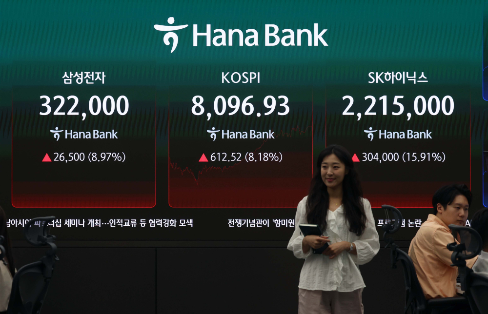 ▲9일 서울 중구 하나은행 본점 모니터에 코스피 등 시황이 표시되고 있다. (신태현 기자 holjjak@)