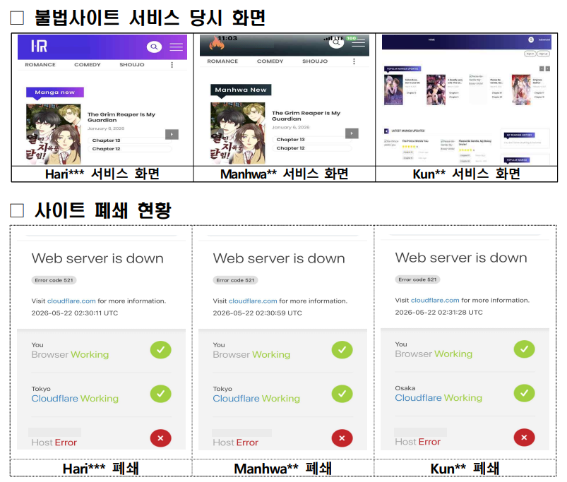 ▲불법사이트 서비스 화면 및 사이트 폐쇄 현황 (사진제공=문체부)