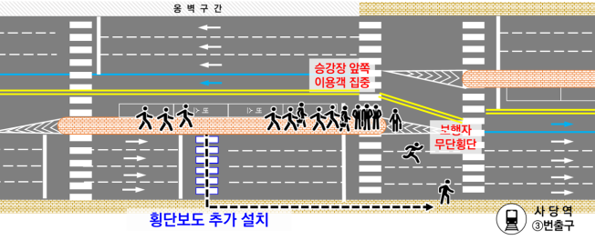 ▲사당역 3번 출구 방향 중앙정류소 횡단보도 신설 개념도. (자료제공=서울시)