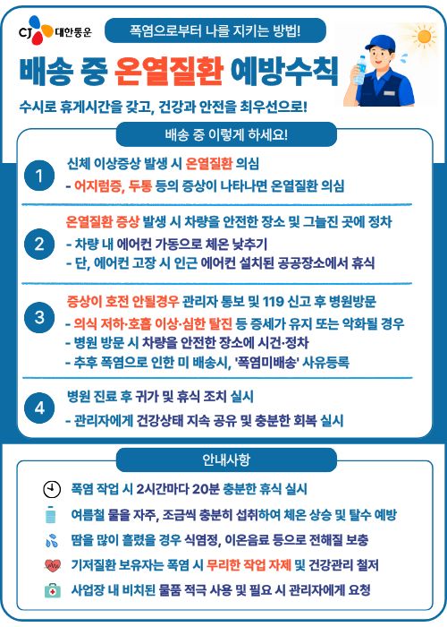 ▲CJ대한통운의 배송 중 온열질환 예방수칙. (사진=CJ대한통운)