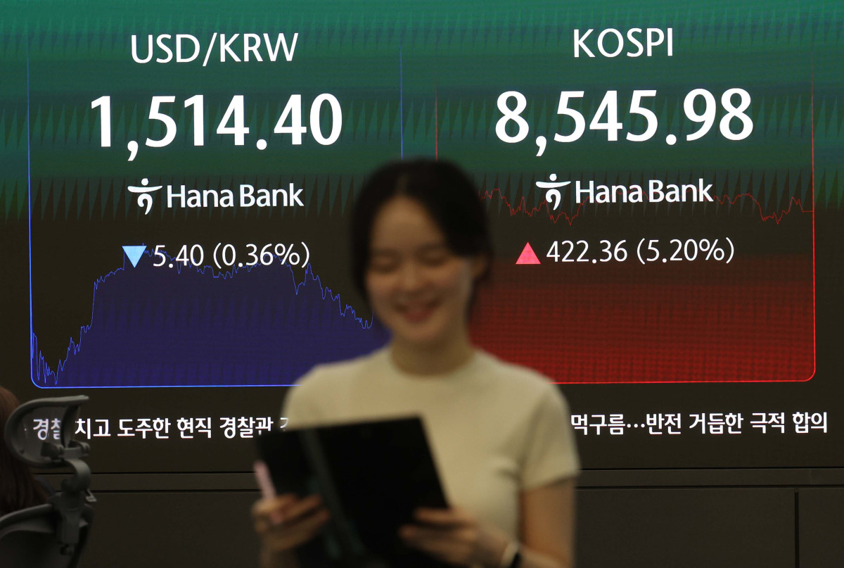 ▲미국과 이란의 종전 합의 소식에 힘입어 코스피가 8500선에서 상승 마감한 15일 서울 중구 하나은행 본점 모니터에 코스피 등 시황이 표시되고 있다. 이날 지수는 전 거래일보다 422.36포인트(5.20%) 오른 8545.98에 장을 마쳤다. 코스닥은 4.98포인트(0.48%) 상승한 1034.03에 마감했고 서울 외환시장에서 원·달러 환율은 전 거래일보다 8.7원 내린 1511.1원에 거래를 마쳤다. 신태현 기자 holjjak@