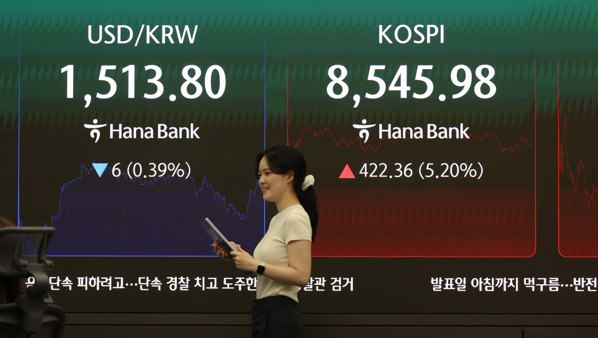 ▲미국과 이란의 종전 합의 소식에 힘입어 코스피가 8500선에서 상승 마감한 15일 서울 중구 하나은행 본점 모니터에 코스피 등 시황이 표시되고 있다. 이날 지수는 전 거래일보다 422.36포인트(5.20%) 오른 8545.98에 장을 마쳤다. 코스닥은 4.98포인트(0.48%) 상승한 1034.03에 마감했고 서울 외환시장에서 원·달러 환율은 전 거래일보다 8.7원 내린 1511.1원에 거래를 마쳤다. 신태현 기자 holjjak@