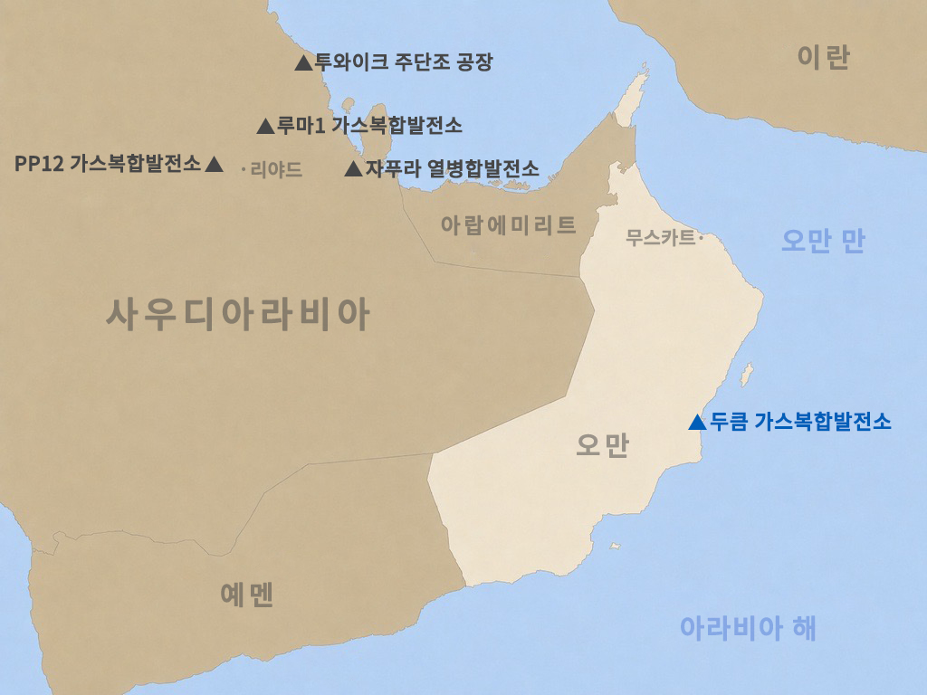 ▲두산에너빌리티가 건설공사 계약을 체결한 오만 두큼 가스복합발전소 위치 (두산에너빌리티)