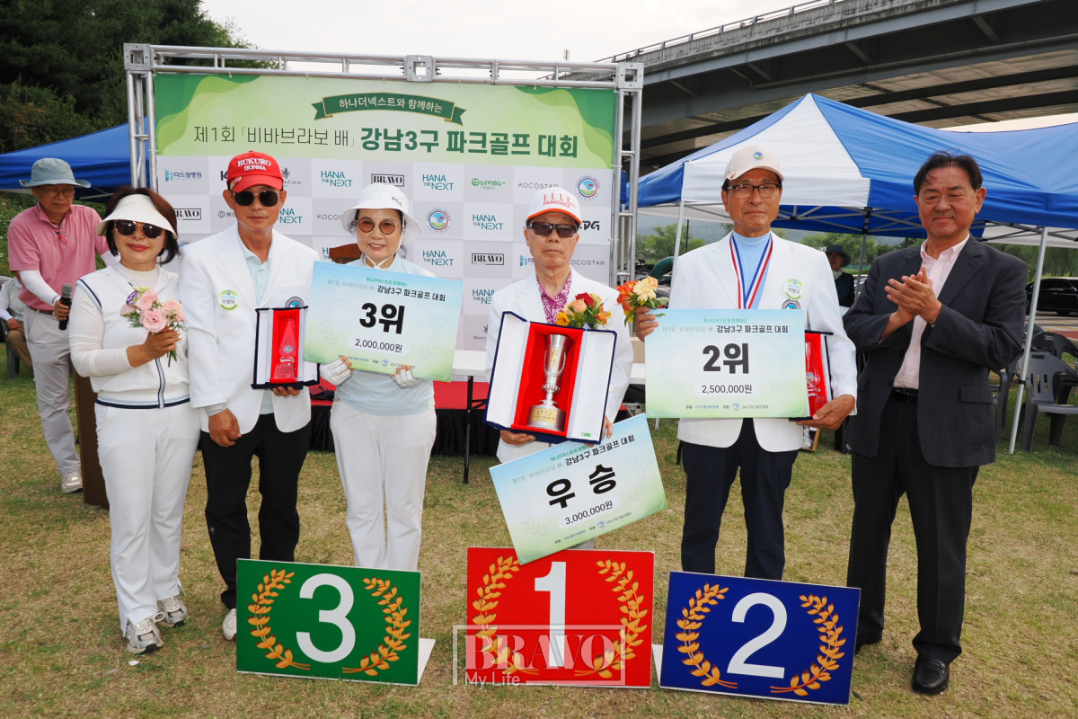 ▲15일 서울 세곡동 강남탄천파크골프장에서 열린 ‘하나더넥스트와 함께하는 제1회 비바브라보배 강남3구 파크골프대회’에서 1위 강남구, 2위 송파구, 3위 서초구를 기록하며 각 지역구의 협회장이 수상 후 이종재 이투데이그룹 부회장(맨 오른쪽)과 기념촬영을 하고 있다. 이준호 기자 jhlee@