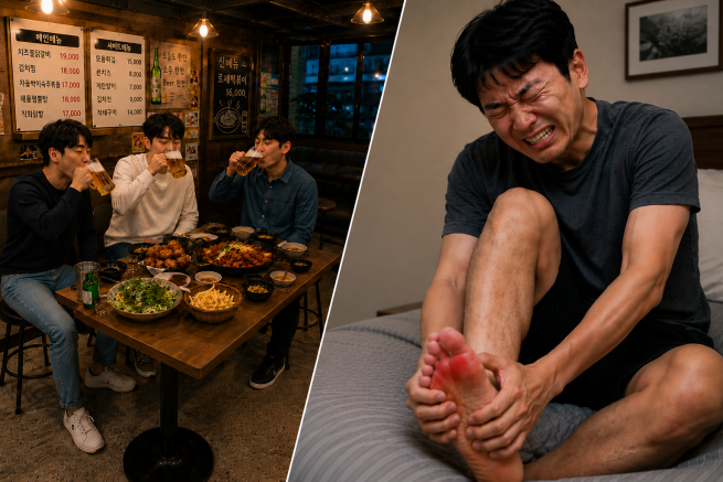 ▲맥주를 즐겨 마시다 찾아온 통풍으로 고통을 호소하는 모습. (챗GPT / 자생한방병원 제공)