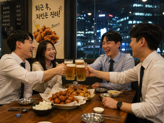 ▲퇴근한 직장인들이 치킨과 함께 맥주를 마시고 있다. (챗GPT / 자생한방병원 제공)