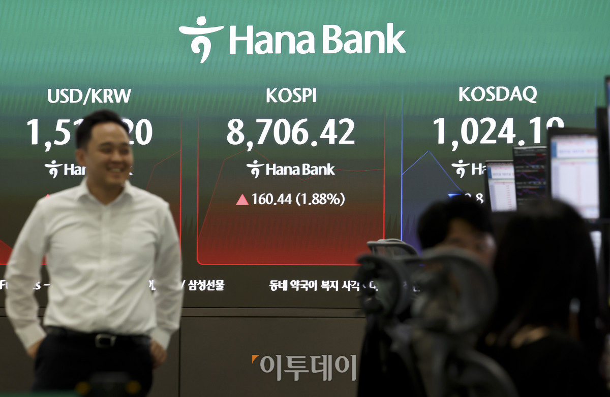 ▲16일 서울 중구 하나은행 딜링룸 전광판에 코스피 지수가 표시되고 있다. 이날 코스피는 전 거래일보다 1.76%오른 8,696.55, 코스닥은 0.48% 오른 1,039.00에 개장했다. 고성준 기자 joonko1@