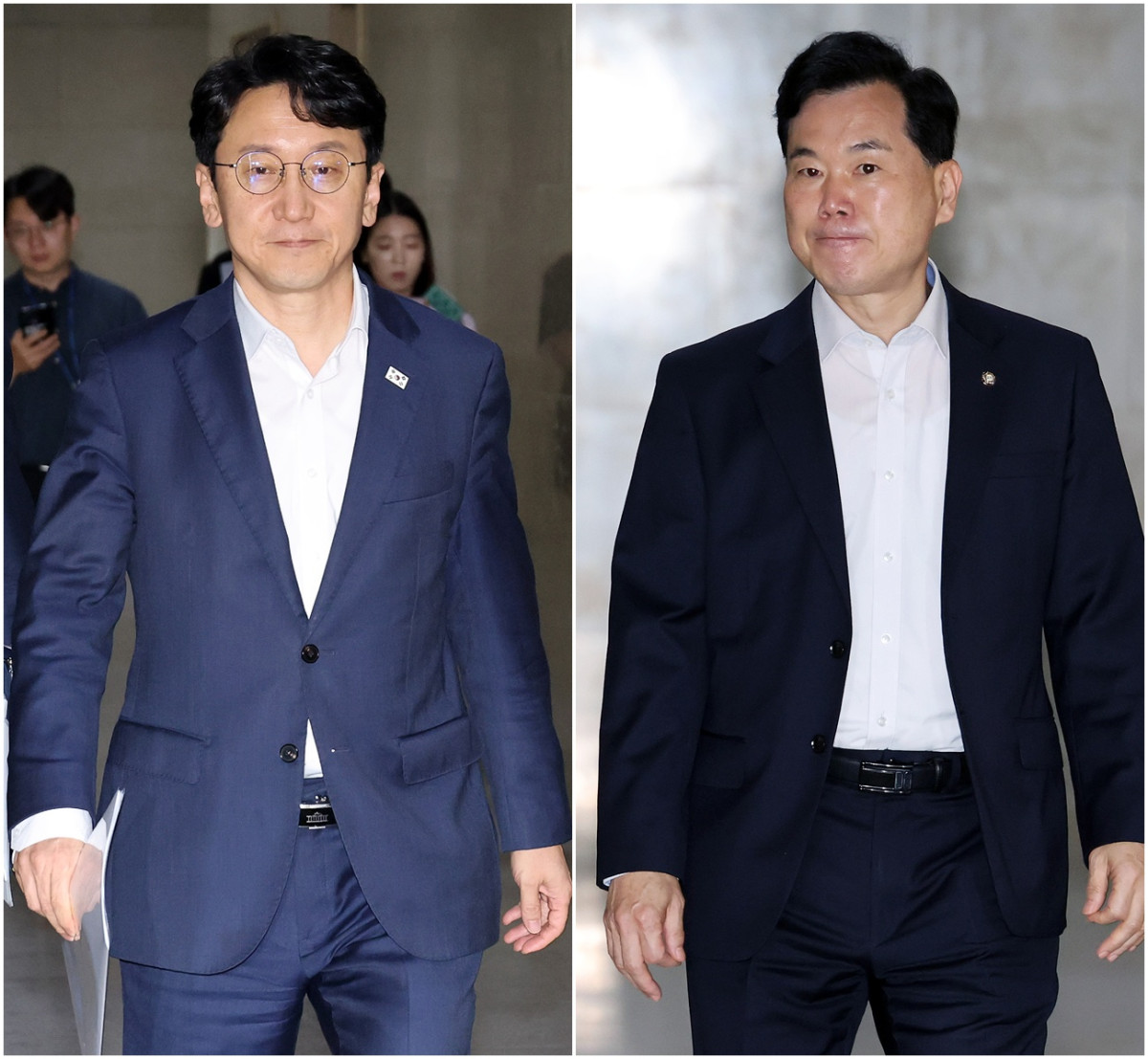 ▲더불어민주당 천준호 원내운영수석부대표(왼쪽)와 국민의힘 원내운영수석부대표에 내정된 김승수 의원이 12일 국회 운영위원장실에서 회동하기 위해 이동하고 있다. (연합뉴스)