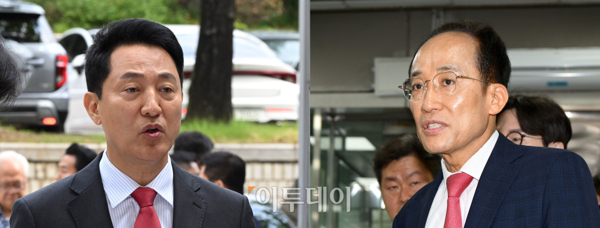 ▲오세훈 서울시장이 17일 서울 서초구 서울중앙지방법원에서 열린 여론조사 대납 의혹 관련 결심공판에 출석하고 있다. 오른쪽은 중요임무 종사 혐의 관련 1심 속행 공판에 출석하는 추경호 대구시장 당선인. 사진공동취재단