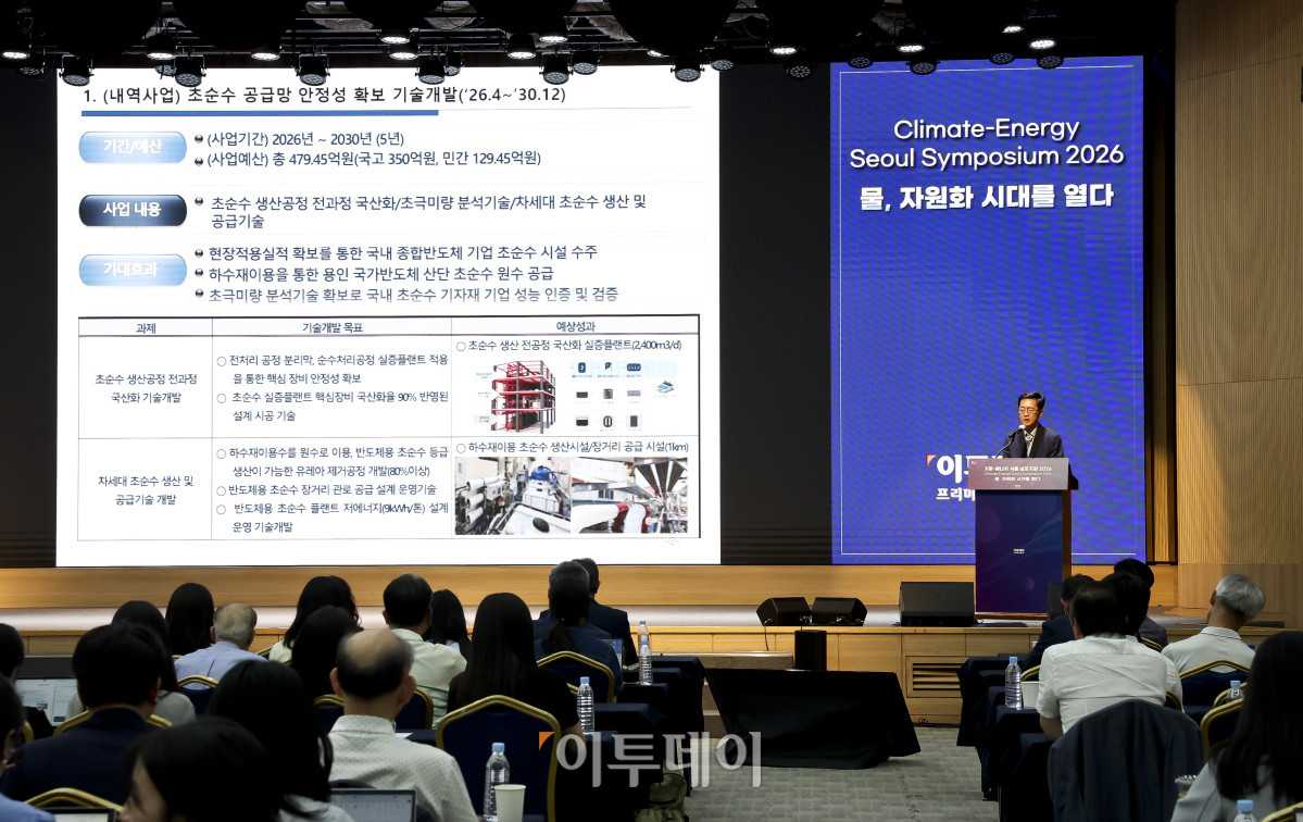 ▲문상기 한국환경산업기술원 수석연구원이 17일 서울 강남구 ST센터에서 열린 ‘기후-에너지 서울 심포지엄(CESS) 2026’에서 ‘국가 핵심 전략 사업과 용수공급’을 주제로 주제발표를 하고 있다. ‘물, 자원화 시대를 열다’를 주제로 이투데이와 한국물포럼이 주관한 CESS(Climate Change-Energy Seoul Symposium)2026은 기후변화-에너지 프레임의 중심에 ‘물’을 놓고 가치의 재정의와 자원화 관점에서 물 산업의 오늘과 내일을 조망하는 자리다. 고성준 기자 joonko1@