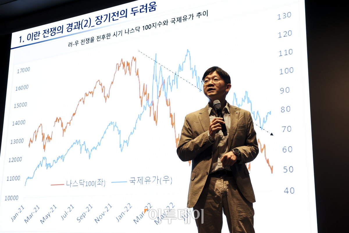 ▲오건영 신한은행 패스파인더 단장이 18일 서울 강남구 웨스틴 서울 파르나스 호텔에서 열린 ‘2026 대한민국 금융대전’에서 ’26년 글로벌 매크로 인사이트–트럼프 2.0 의 혼란과 매크로 경제의 변화'를 주제로 초청강연을 하고 있다. 이투데이 주최로 올해 13회를 맞이한 ‘2026 대한민국 금융대전’은 우리나라 경제 자본의 방향을 다시 설계해야 하는 전환점에서 국가 차원의 ‘생산적 금융 리밸런싱’과 개인 차원의 ‘머니 리밸런싱’을 함께 조망하는 자리다. 정책 방향과 금융기관의 실행 전략, 시장 구조의 변화, 개인 투자자의 참여까지를 하나의 흐름 속에서 살펴보며 한국 금융이 나아가야 할 새로운 균형점을 모색한다. 고성준 기자 joonko1@