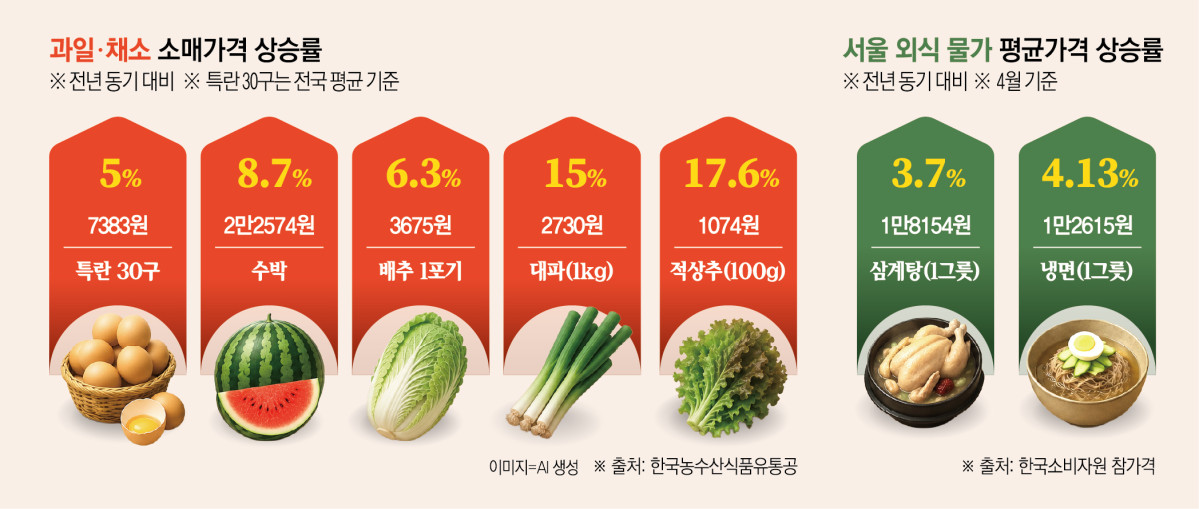 ▲과일 채소 소매가격 상승률 및 서울 외식 물가 평균가격 상승률 (이투데이 그래픽팀=신미영 기자)