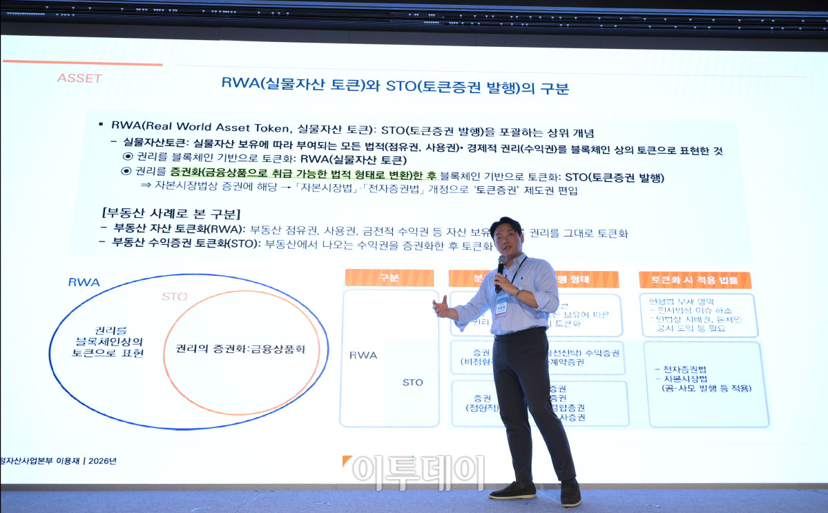 ▲이용재 미래에셋증권 디지털자산본부장이 19일 서울 강남구 웨스틴 서울 파르나스에서 열린 2026 넥스트 글로벌 디지털 에셋 서밋(NGDA 2026)에서 '금융 혁신의 Key, 디지털자산과 블록체인'을 주제로 강연하고 있다. 이투데이와 넥스블록(NEXBLOCK)이 주최하고 넥스블록, 이투데이피엔씨, 타이거리서치가 주관하는 이번 행사는 '글로벌 주도권 확보를 위한 RWA 토큰화 인사이트'를 주제로 국내외 전문가들이 모여 토큰화의 미래를 논의하고 주도권 확보 전략을 모색한다. 고이란 기자 photoeran@ (이투데이DB)