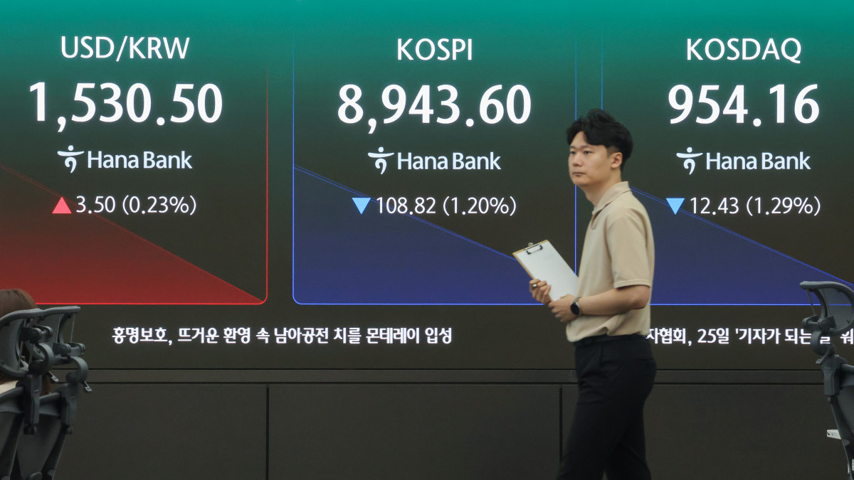 ▲22일 서울 중구 하나은행 본점 딜링룸 현황판에 원/달러 환율, 코스피, 코스닥 지수가 표시돼 있다. (사진= 연합뉴스)