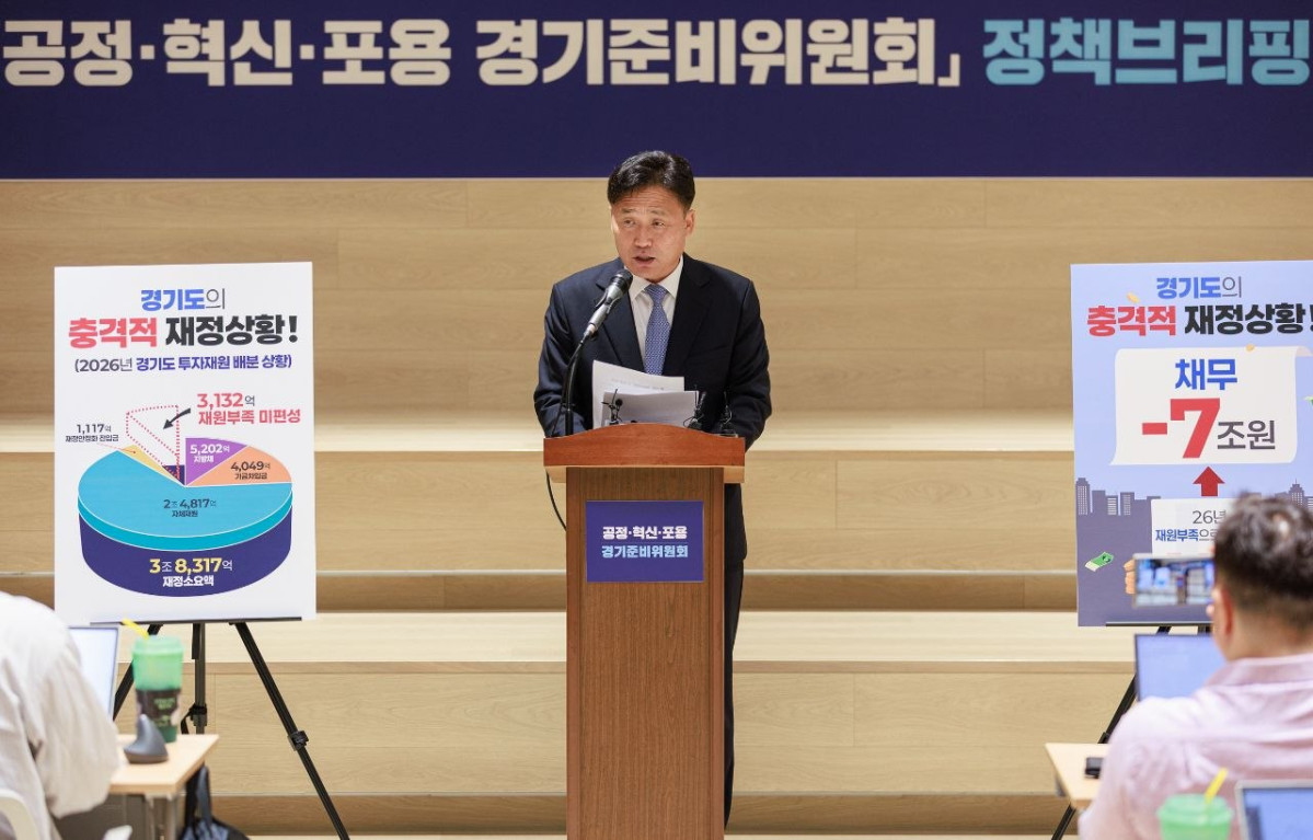 ▲김영진 경기준비위원회 부위원장이 22일 정책브리핑에서 2026년 경기도 투자재원 배분 상황과 채무 7조 원 규모를 도표로 제시하며 재정 위기 극복 방안을 발표하고 있다. (공정·혁신·포용 경기준비위원회)