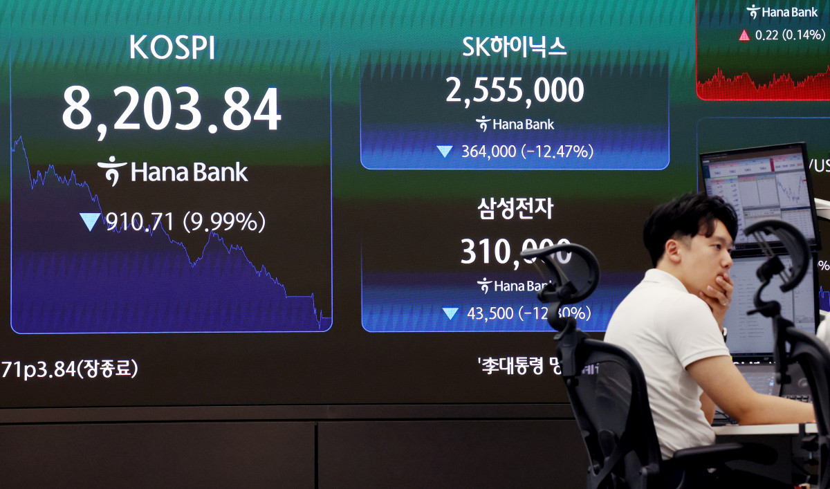 ▲23일 코스피가 전 거래일 대비 910.71포인트(9.99%) 급락하며 8203.84로 마감한 가운데 서울 중구 하나은행 딜링룸에서 딜러들이 업무를 보고 있다. (뉴시스)