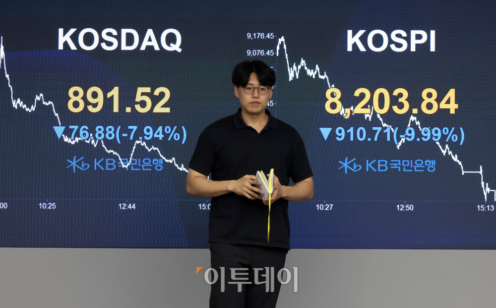 ▲23일 서울 여의도 KB국민은행 딜링룸 전광판에 코스피 지수가 전 거래일보다 910.71포인트(9.99%) 내린 8203.84를 나타내고 있다. 코스닥 지수도 전 거래일보다 76.88포인트(7.94%) 하락한 891.52에 거래를 마감했다. 원·달러 환율은 주간 거래 종가(15시30분) 기준 전일 대비 2.1원 오른 1539.1원을 기록했다. 고이란 기자 photoeran@ 고이란 기자 photoeran@