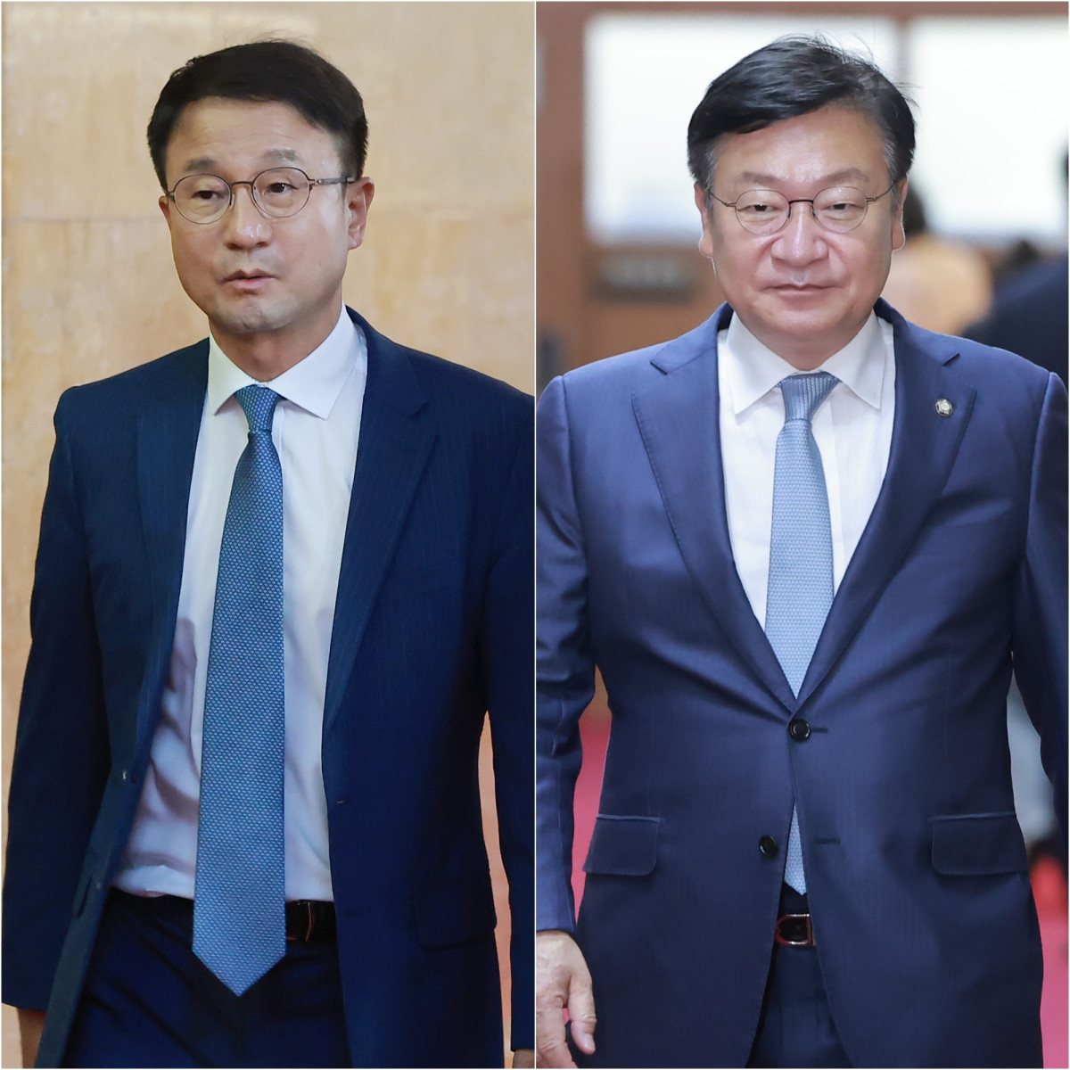 ▲더불어민주당 한병도 원내대표(왼쪽)와 국민의힘 정점식 원내대표가 24일 국회의장실에서 조정식 국회의장 주재 원 구성 관련 원내대표 회동을 마친 뒤 이동하고 있다. 사진=연합뉴스