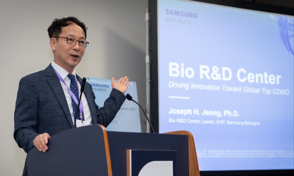 ▲정형남 삼성바이오로직스 바이오연구소장(부사장)이 바이오USA 행사장에서 기자간담회를 열고 바이오연구소에 대해 소개했다. (사진제공=삼성바이오로직스)