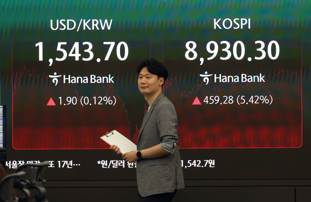 ▲코스피가 기관의 대규모 매수세에 힘입어 8900선을 회복한 25일 서울 중구 하나은행 본점 딜링룸에 시황이 표시되고 있다. 이날 코스피는 전 거래일보다 459.28포인트(5.42%) 오른 8930.30에 마감했다. 장중 9000선을 돌파하기도 했지만 막판 상승폭을 일부 반납했다. 한편, 코스닥은 21.50포인트(2.46%) 급락한 887.81에 마감하며 900선을 내줬다. 서울 외환시장에서 원·달러 환율은 전 거래일보다 0.7원 오른 달러당 1542.7원에 거래를 마쳤다. 신태현 기자 holjjak@ (이투데이DB)