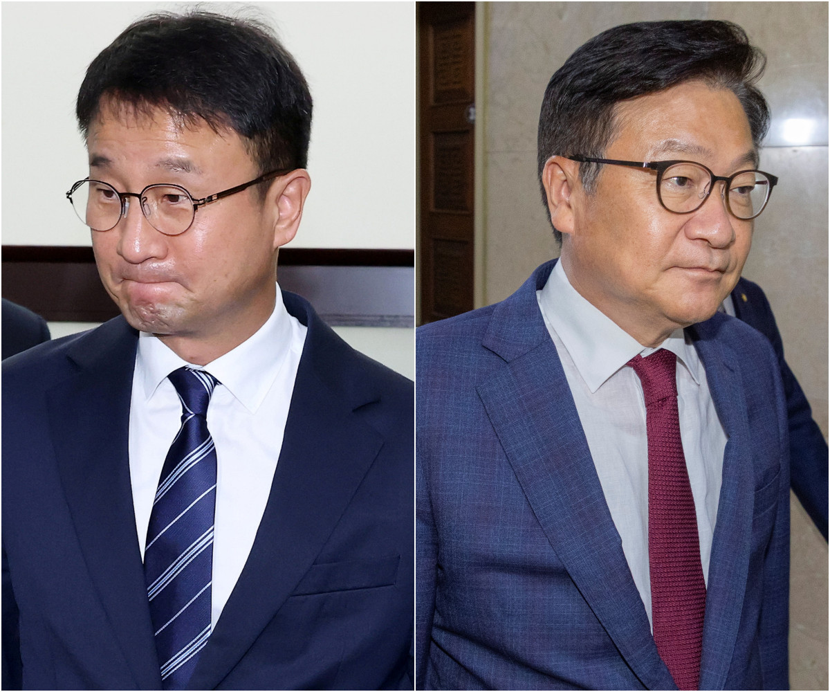 ▲22대 하반기 국회 원 구성 협상이 여야의 법제사법위원회 위원장 배정을 놓고 난항에 빠진 가운데, 26일 여야 원내대표단이 협상에 나섰지만 의견 차이만 다시 확인했다.  사진은 이날 오후 조정식 국회의장에게 원 구성 신속 요청을 마친 더불어민주당 한병도 원내대표(왼쪽)와 여야 원내대표단 회담을 마친 뒤 결론을 내지 못하고 이동하는 국민의힘 정점식 원내대표. 사진=연합뉴스