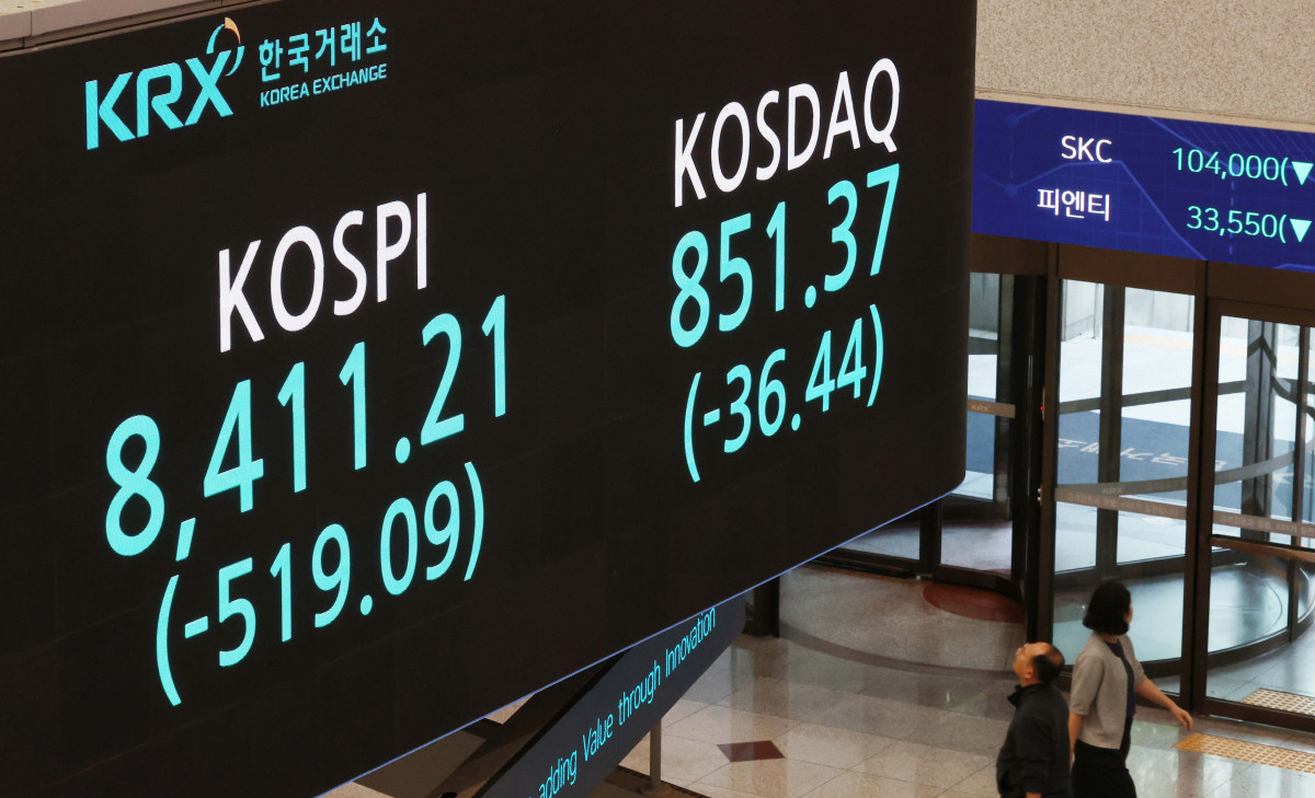 ▲코스피 시장에 서킷브레이커가 발동되는 등 양대 지수가 동반 폭락한 26일 서울 여의도 한국거래소 모니터에 시황이 표시되고 있다. 개인이 9조원이 넘는 역대급 매수세로 버텼으나, 외국인과 기관의 동반 '팔자'세를 꺾지 못하고 코스피는 5% 넘게 주저앉았다. 이날 코스피는 전 거래일 대비 519.09포인트(5.81%) 내린 8411.21에 장을 마감했다. 코스닥은 전장대비 36.44포인트(4.10%) 내린 851.37에 장을 마쳤다. 서울 외환시장에서 원·달러 환율은 전 거래일 대비 10.7원 내린 1532.0원에 거래를 마감했다. 신태현 기자 holjjak@