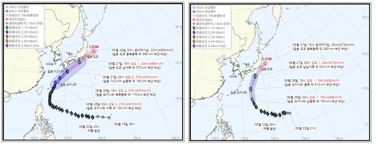 ▲제7호 태풍 메칼라(왼쪽), 제8호 태풍 히고스 예상경로. (사진제공=기상청)