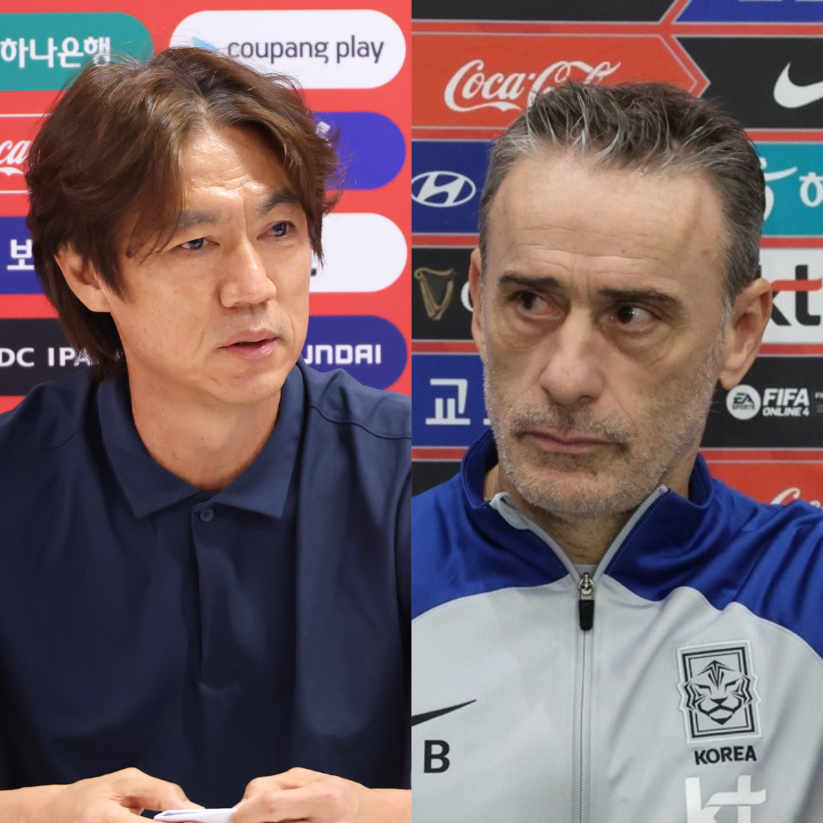 ▲한국 축구 국가대표팀 홍명보 감독과 파울루 벤투 전 감독. (연합뉴스)