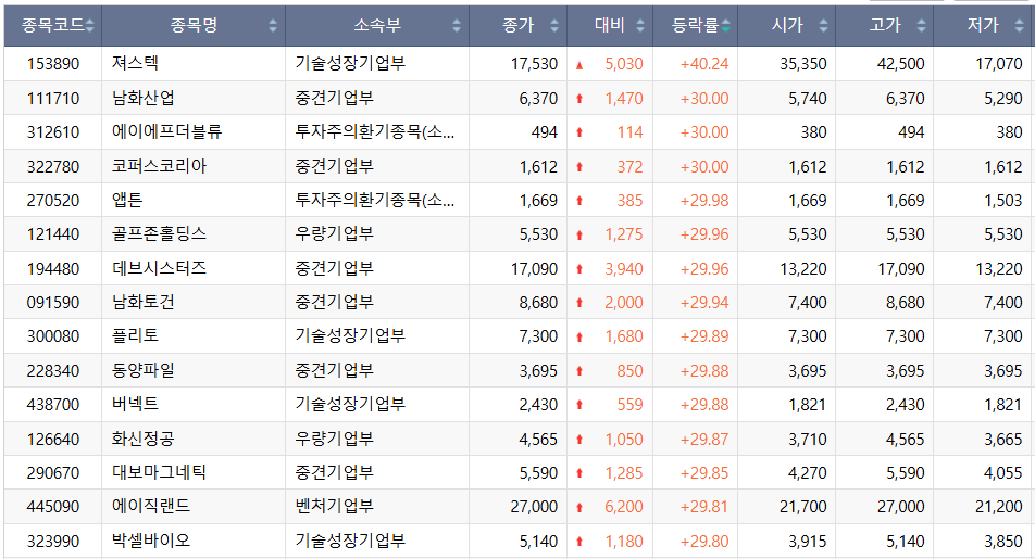 ▲29일 코스닥 시장 상한가 종목. (출처=한국거래소)