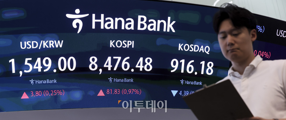 ▲30일 오후 서울 중구 하나은행 딜링룸 전광판에 코스피 지수가 표시되고 있다. 이날 코스피는 전 거래일보다 0.97%오른 8,476.48, 코스닥은 0.48% 내린 1916.18에 마감했다. 원달러 환율은 전날보다 4.2원 오른 1,549.4원을 기록했다. 고성준 기자 joonko1@