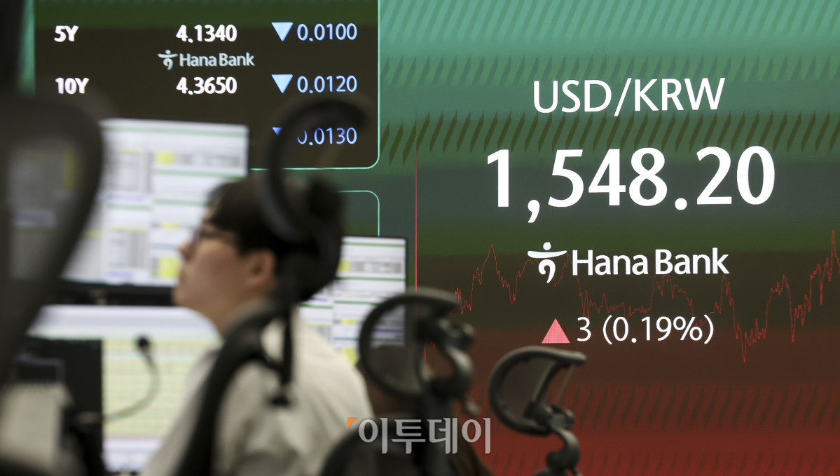 ▲30일 오후 서울 중구 하나은행 딜링룸 전광판에 원달러 환율이 표시되고 있다. 이날 코스피는 전 거래일보다 0.97%오른 8,476.48, 코스닥은 0.48% 내린 1916.18에 마감했다. 원달러 환율은 전날보다 4.2원 오른 1,549.4원을 기록했다. 고성준 기자 joonko1@
