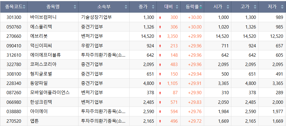 ▲30일 코스닥 시장 상한가 종목. (출처=한국거래소)