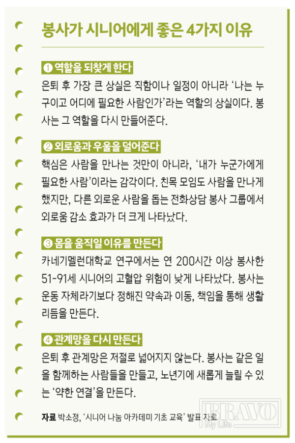 ▲봉사가 시니어에게 좋은 4가지 이유.(그래픽 이은숙 기자)