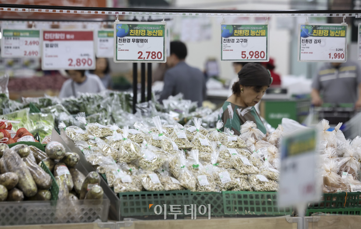 ▲지난달 소비자물가가 2년 6개월 만에 가장 큰 폭으로 상승한 가운데 2일 서울 시내의 한 대형마트를 찾은 시민들이 농수산물 코너에서 장을 보고 있다. 재경부에 따르면 6월 소비자물가 상승률은 3.2%로 전월(3.1%)보다 상승폭이 0.1%포인트 확대됐다. 중동 전쟁 여파로 국제 유가가 상승하며 석유류 물가가 4년 만에 최대 폭으로 상승한 여파로 보여진다. 고성준 기자 joonko1@