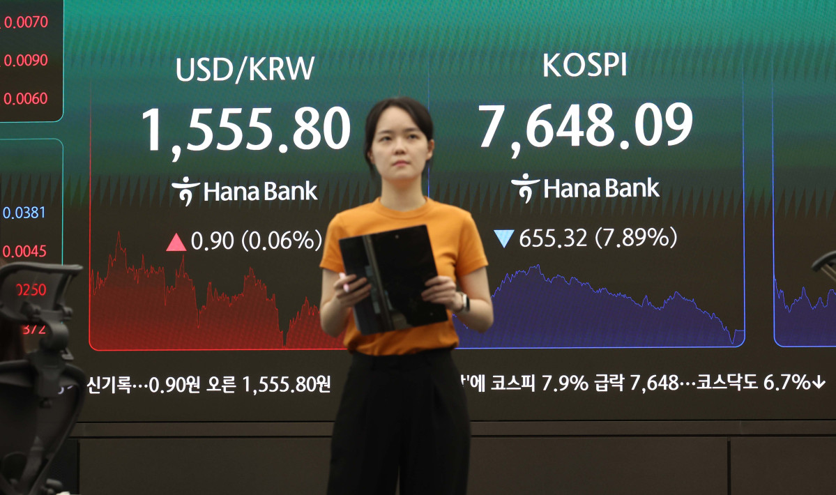 ▲인공지능(AI) 반도체 수요 감소 우려 확산에 코스피가 8% 가까운 급락세로 마감하며 8000선이 무너진 2일 서울 서울 중구 하나은행 본점 딜링룸에 시황이 표시되고 있다. 이날 코스피는 전장 대비 7.89% 폭락한 7648.09에 마감했다. 이날 4% 급락세로 출발한 코스피는 장중 8000선을 잠시 회복했다가 이내 하락폭을 키웠다. 8000선을 하회한 것은 지난달 11일 이후 처음이다. 급락세에 장 초반 코스피 시장에 매도 사이드카가 발동하기도 했다. 반도체 대형주가 동반 급락세로 마감했다. 삼성전자는 9%대, SK하이닉스는 14%대 급락했다. 코스닥은 전일보다 6.74% 내린 866.72에 마감했다. 장중 급락세에 매도 사이드카가 발동하기도 했다. 원·달러 환율은 전거래일 대비 0.9원 오른 1555.8원에 장을 마쳤다. 신태현 기자 holjjak@