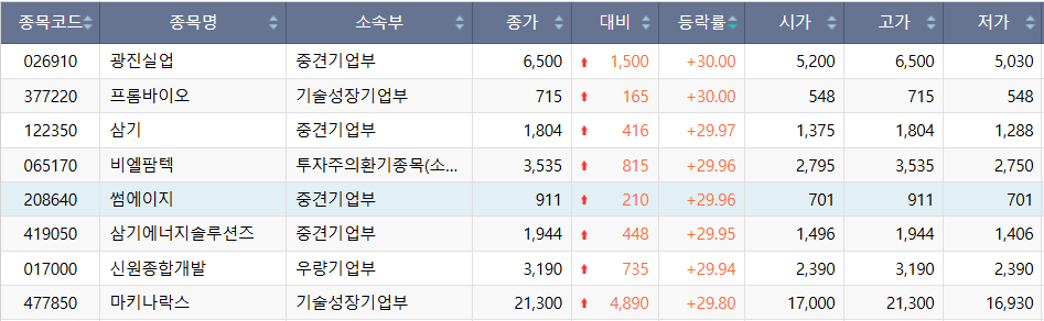 ▲2일 코스닥 시장 상한가 종목. (출처=한국거래소)
