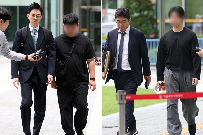 ▲잠실 개표소 봉쇄 시위 첫날 경찰관을 폭행한 혐의를 받는 20대 남성들이 2일 서울 송파구 동부지법에서 열린 영장실질심사에 출석하기 위해 법정으로 향하고 있다. (연합뉴스)