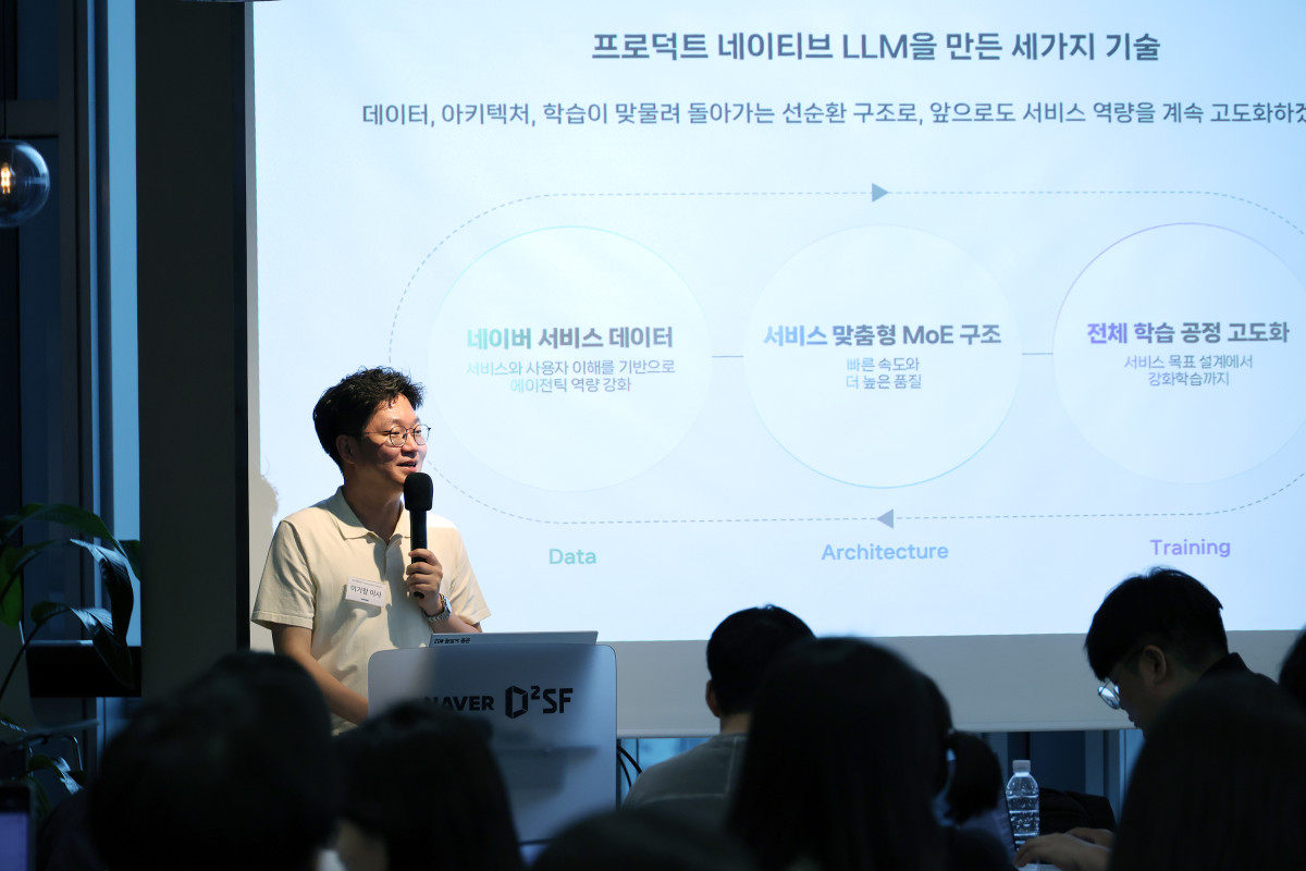 ▲2일 진행된 'AI검색 테크 딥톡' 현장에서 네이버클라우드 이기창 이사가 발표하고 있다. (사진제공=네이버)