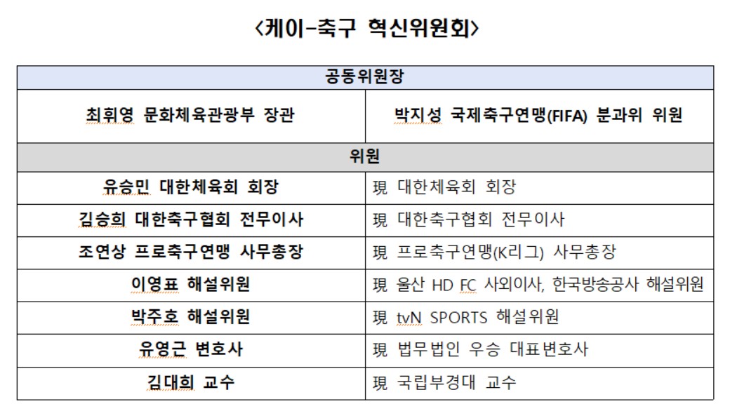 ▲축구 혁신위원회 명단. (사진제공=문화체육관광부)